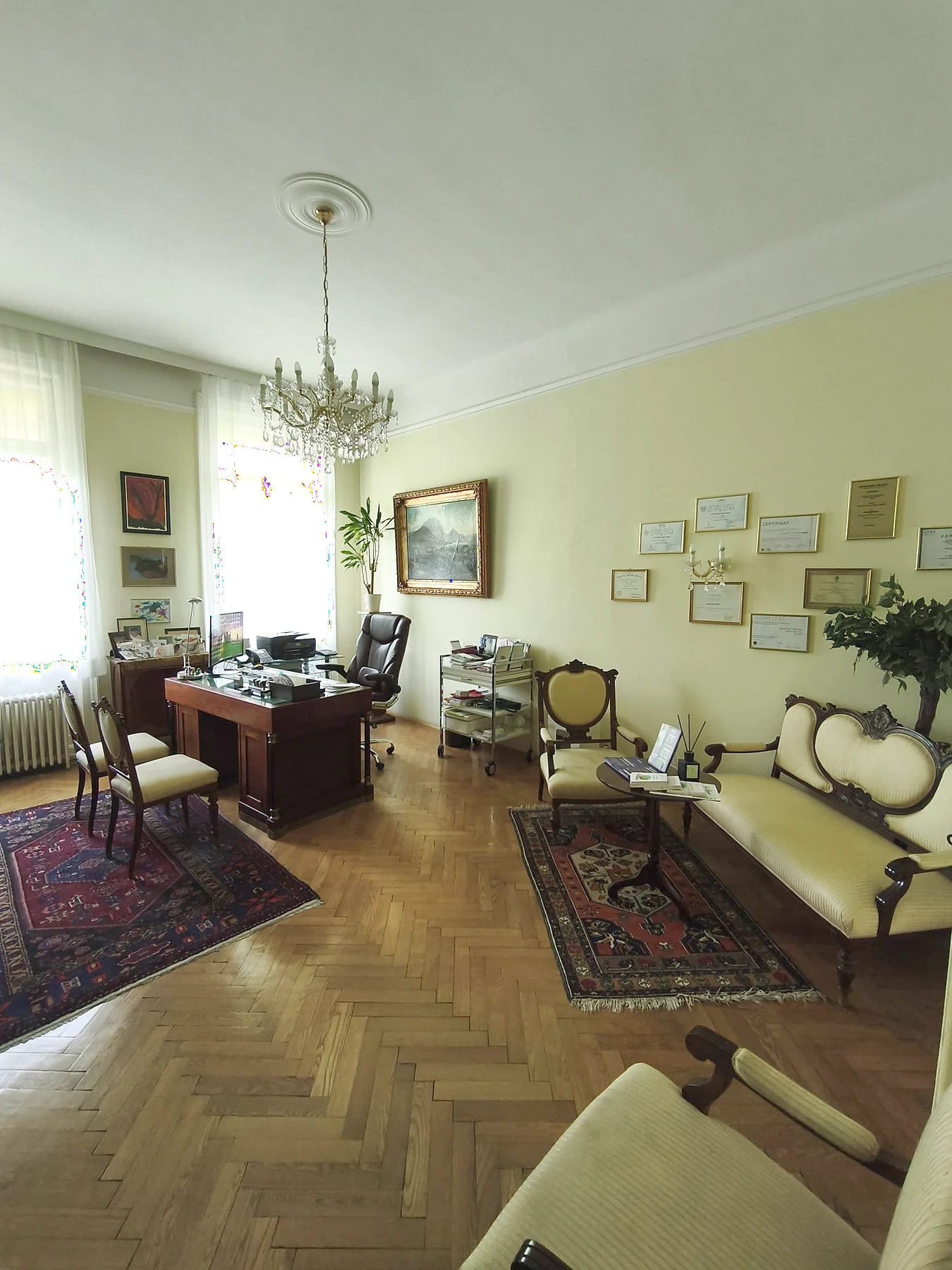 Weiter Blick in das Sprechzimmer der Ordination Dr. Fischl mit Sofa und Schreibtischbereich